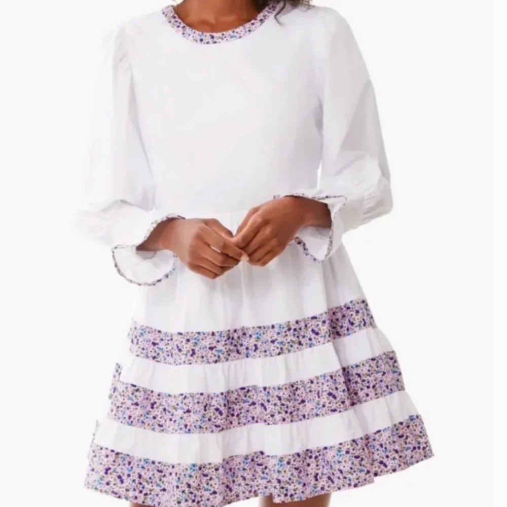 Pomander Place White Dress with Lavender Floral Trim - Picture 2 of 6
